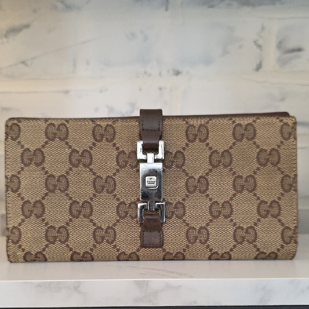 Gucci Beige and Brown Monogram Clutch Or Wallet